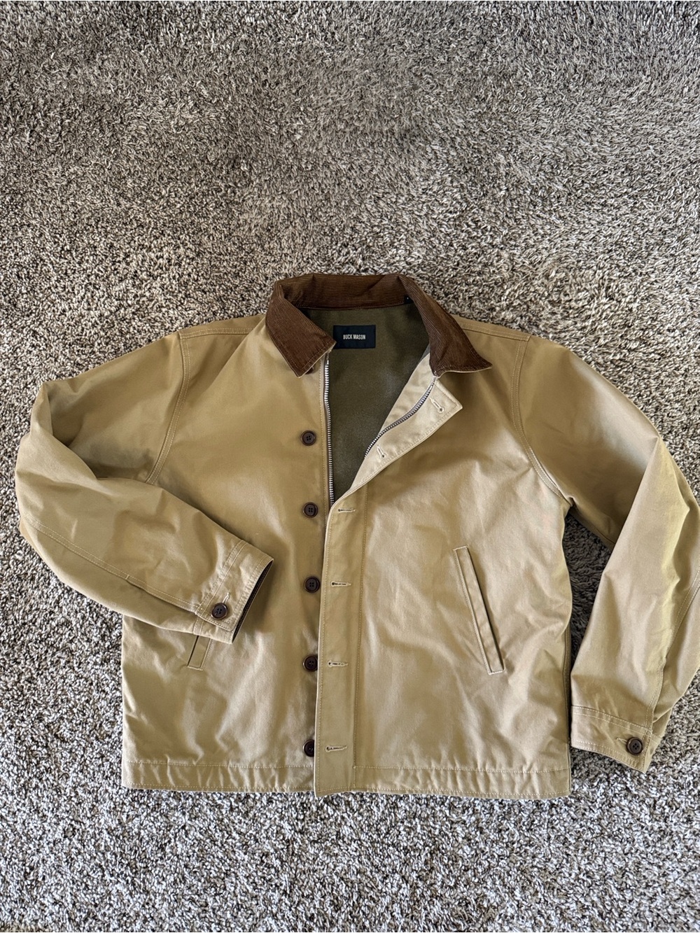 Buck Mason Tan Lightweight Shirt Jacket with Brown Corduroy Collar